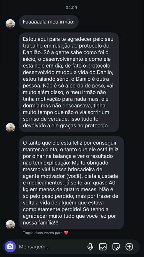 Mensagem autorizada de familiar relatando mudanças percebidas durante o acompanhamento